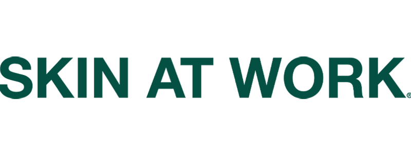 Text reading 'SKIN AT WORK' in bold green letters on a black background.
