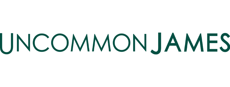 Uncommon James logo with the brand name in teal and black text.