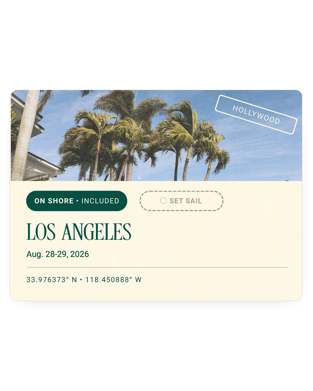 A promotional ticket for a sailing event in Los Angeles on August 28-29, 2026, featuring palm trees, a clear sky, and a Hollywood sign in the background.