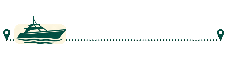 Illustration of a cruise ship with a dotted line indicating a route between two location markers.