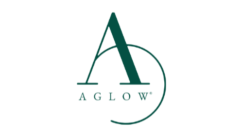 Stylized logo with a large letter 'A' and the word 'AGLOW' beneath it, featuring a circular design element.