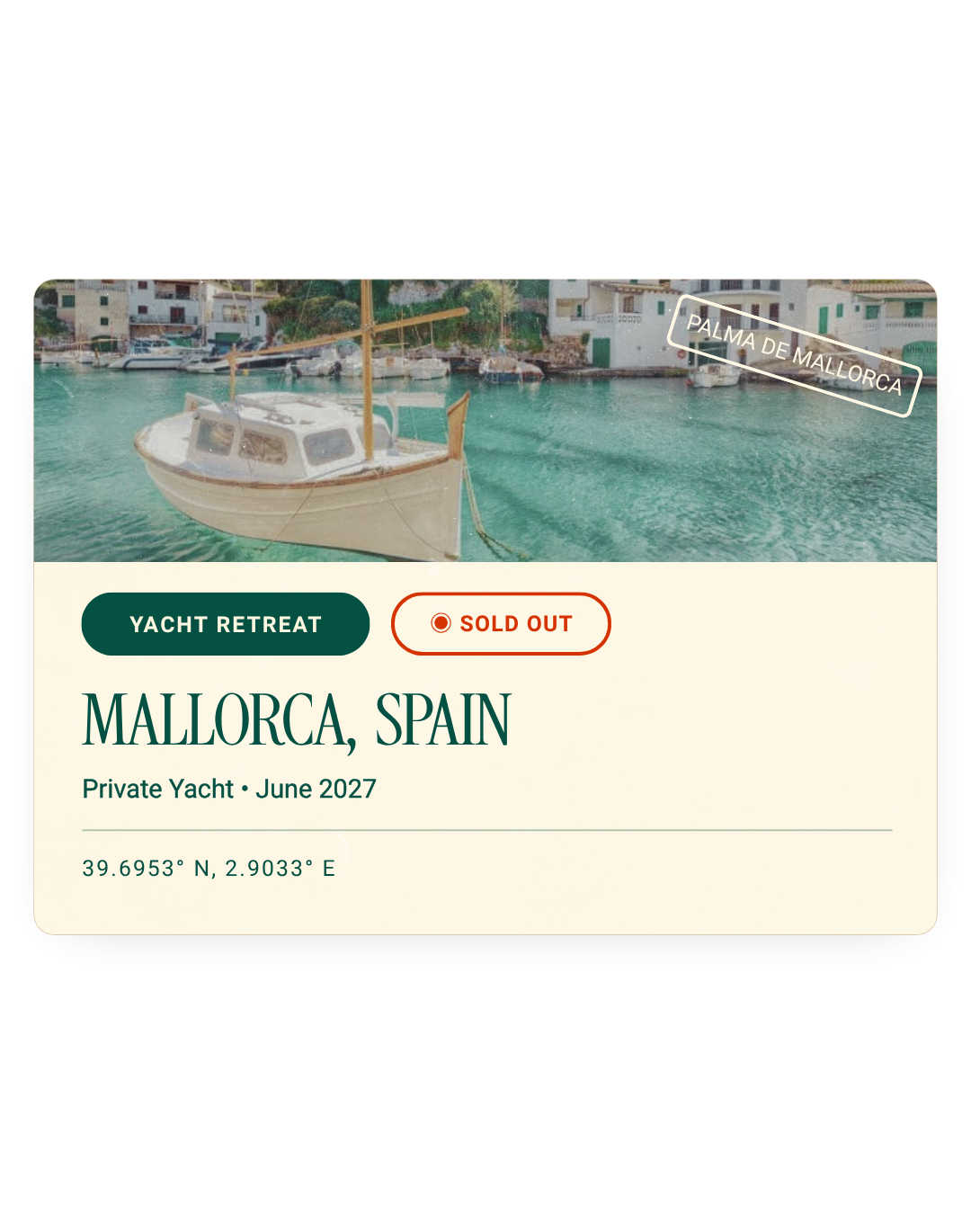 A yacht retreat on a map of Mallorca, Spain, with a photo of a boat on calm water and white buildings along the shoreline.