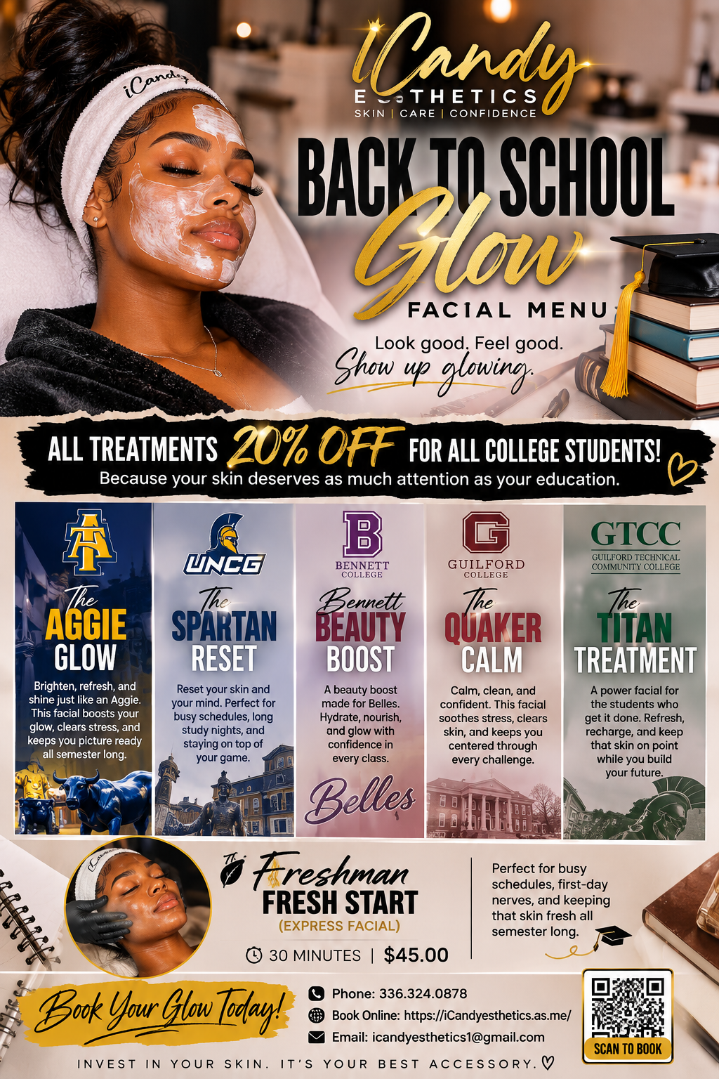 An advertisement for iCandy Aesthetics promoting back-to-school skin treatments with a photo of a woman receiving a facial. The ad includes various facial treatment options, a special offer for college students, and booking information.