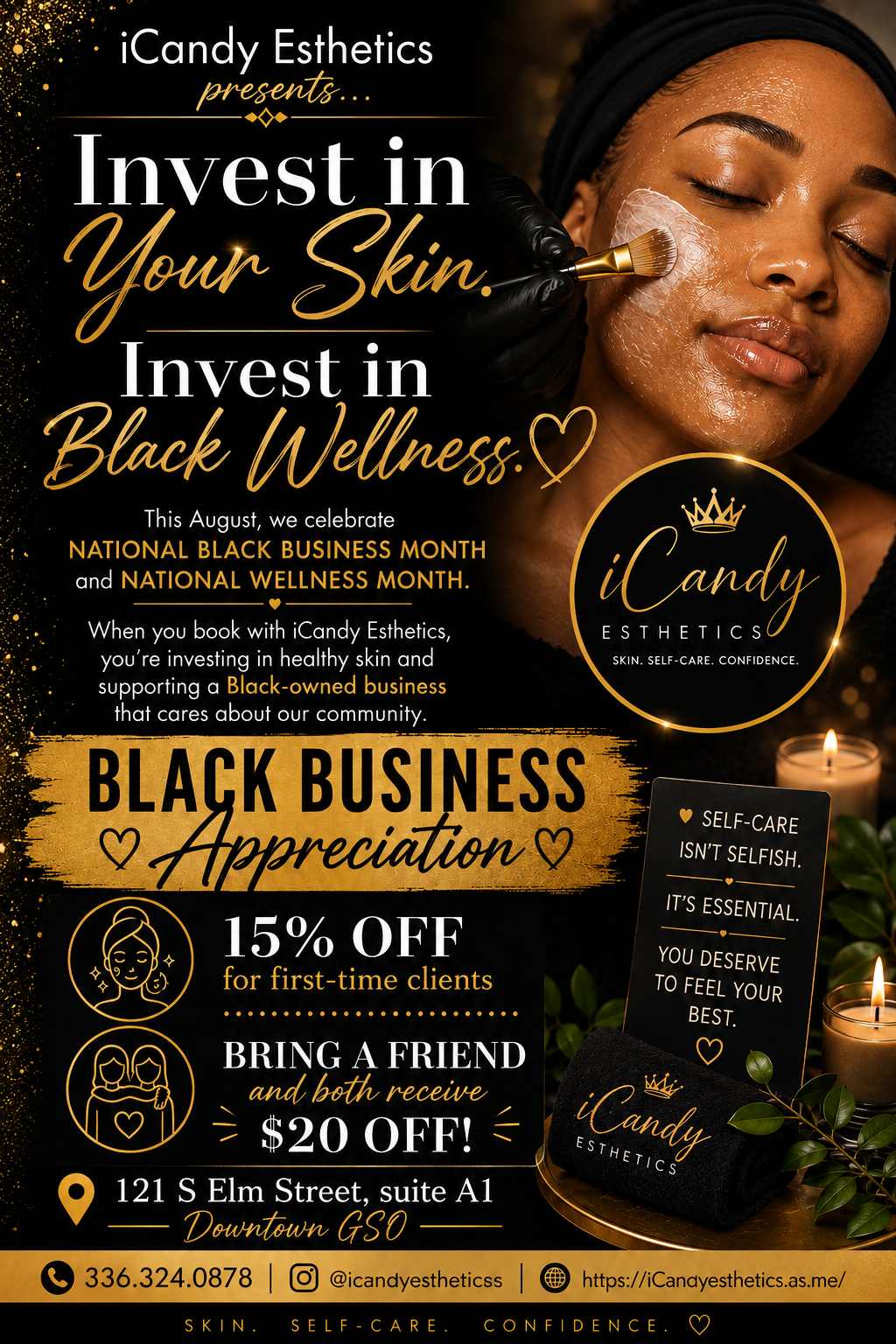 Promotional flyer for iCandy Esthetics celebrating National Black Business Month and National Wellness Month, highlighting skincare services and discounts, with an image of a woman receiving a facial.