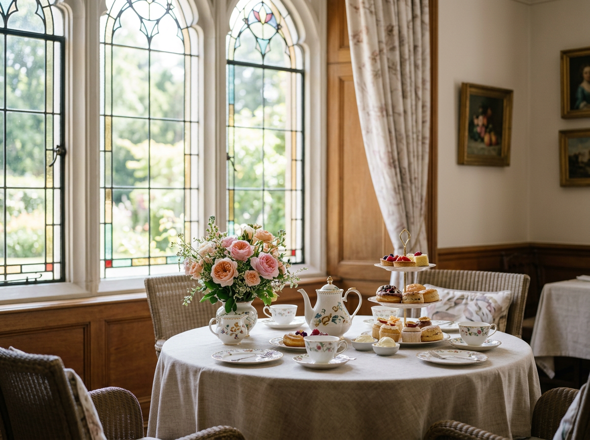 A cozy dining room with a round table set for tea, featuring a flower arrangement, teapot, teacups, and an assortment of pastries and desserts, illuminated by large stained glass windows.