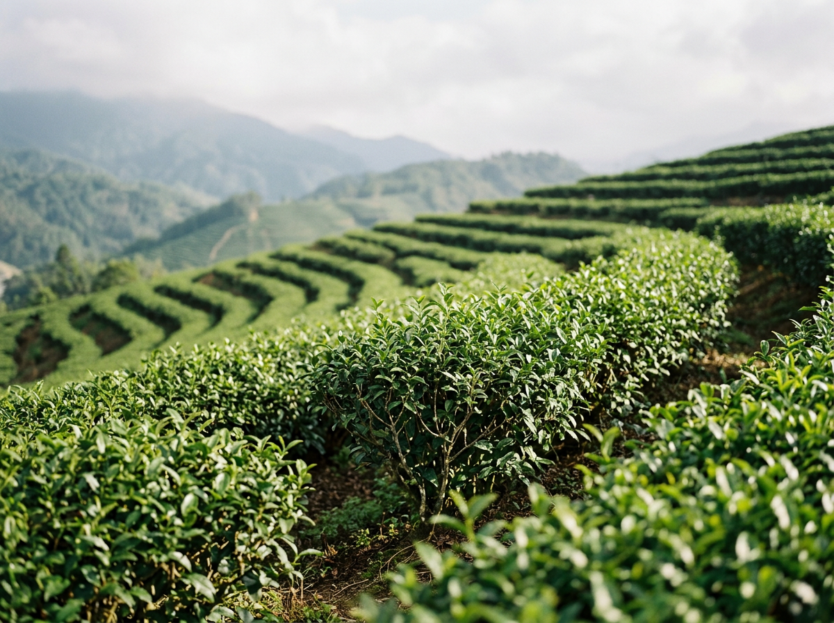 Rows of lush green tea plants on a terraced hillside with mountains in the background.