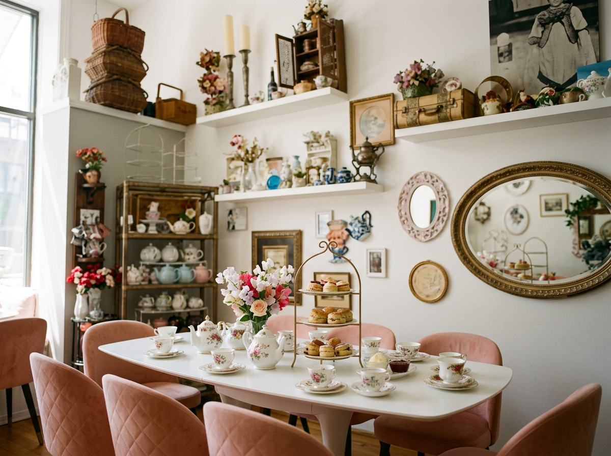A cozy dining room with a white table set for tea, featuring floral teapots, cups, and tiered trays of cookies. Pink velvet chairs surround the table. The walls are decorated with vintage mirrors, framed pictures, and shelves adorned with flowers, vases, and decorative items. Sunlight streams in from a window on the left.
