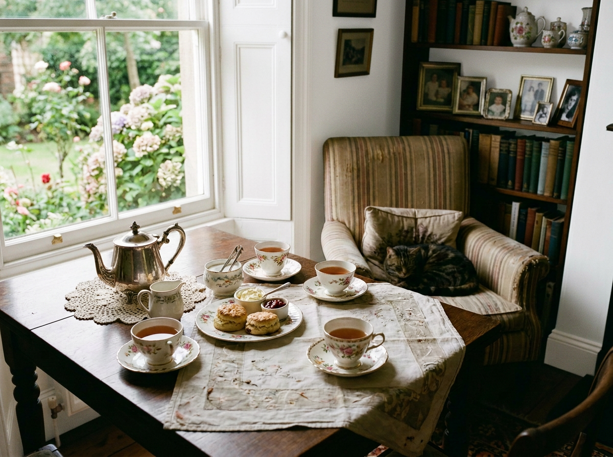 A cozy indoor breakfast scene with a wooden table set for tea, featuring a silver teapot, five floral tea cups filled with tea, a small cream pitcher, a plate with cookies, and jam. An ornate doily and a cloth table covering are on the table. There is a striped armchair with a pillow and a sleeping tabby cat, and a large window showing a garden with pink and purple hydrangeas. A bookshelf filled with books and framed photos is in the background.