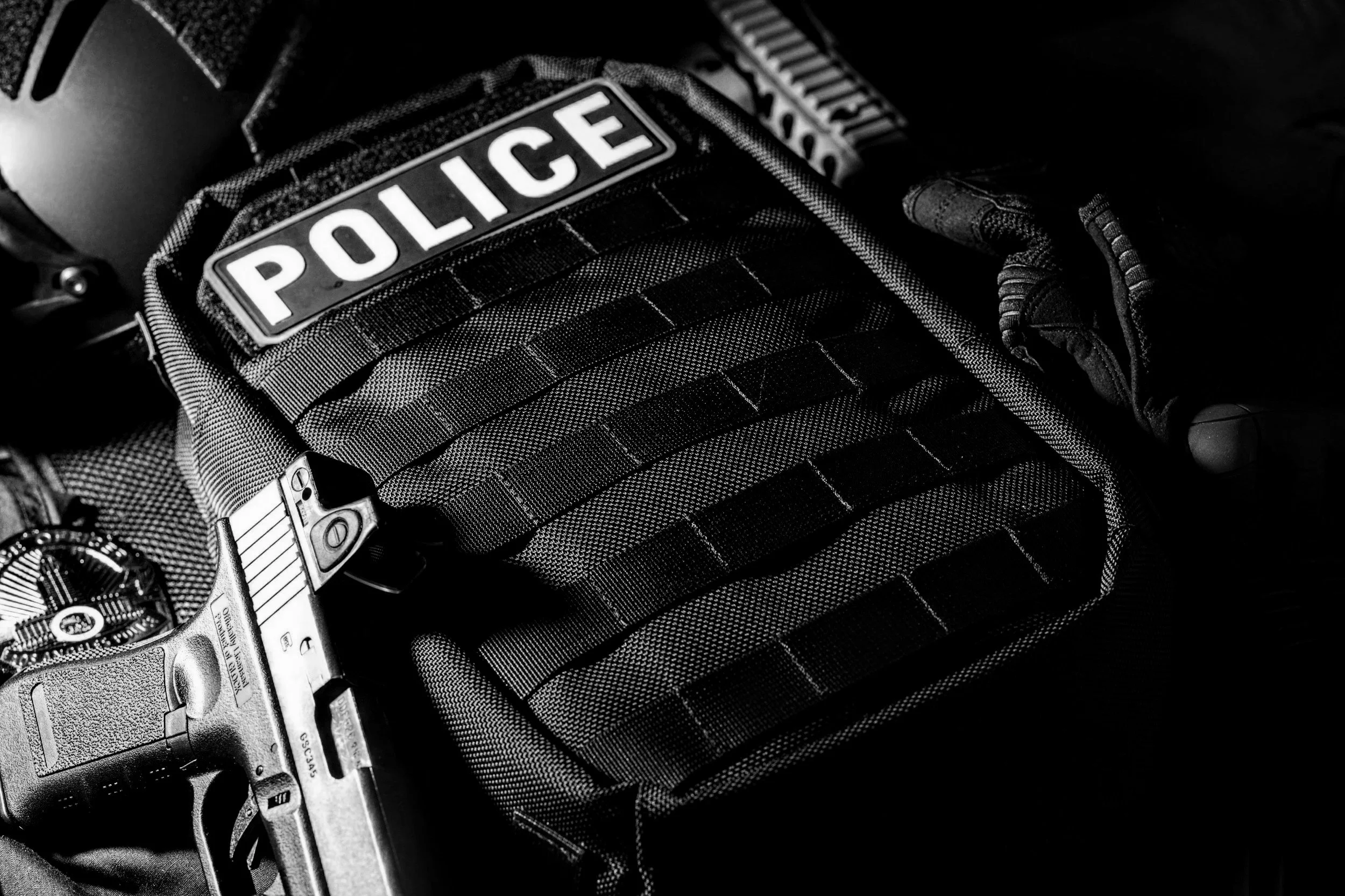 A police badge on a tactical vest, with a handgun and a magazine in a black-and-white photo.
