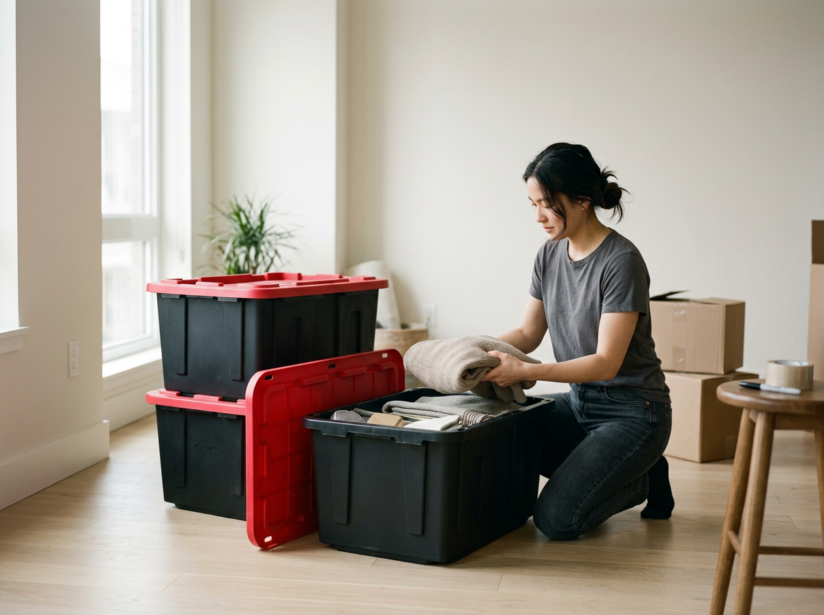 A woman is packing clothes into a storage bin inside a well-lit room with large windows. There are cardboard boxes and a wooden stool nearby.