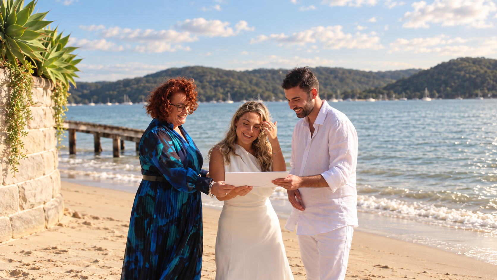 Three adults standing on a sandy beach, looking at a photo album together, with a lake and hills in the background on a sunny day.