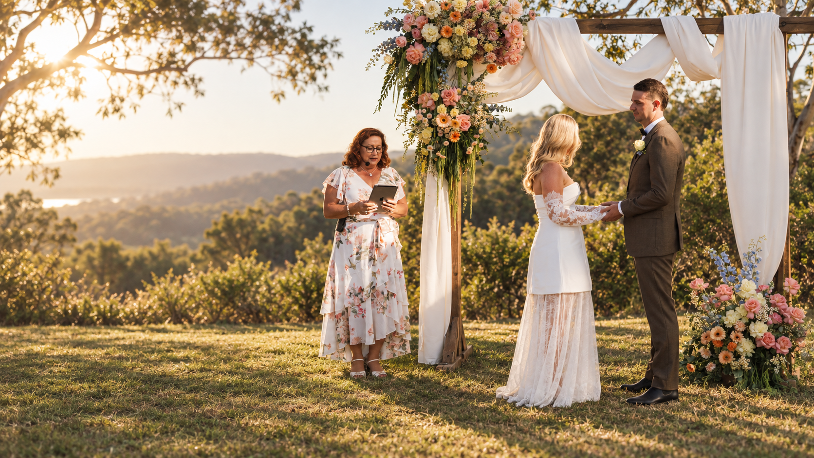 A couple getting married outdoors at sunset, standing under a floral wedding arch with white drapes. The bride wears a white dress with lace sleeves, and the groom wears a brown suit. An officiant, dressed in a floral dress, reads from a tablet as the couple holds hands against a scenic background of trees and hills.