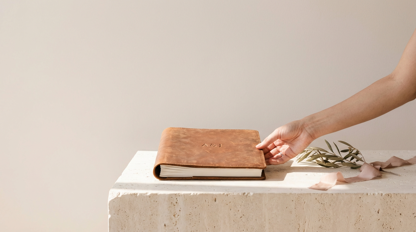 Person with a light skin tone opening a brown leather-bound journal on a white, textured surface with a sprig of olive leaves and pink flower petals nearby.