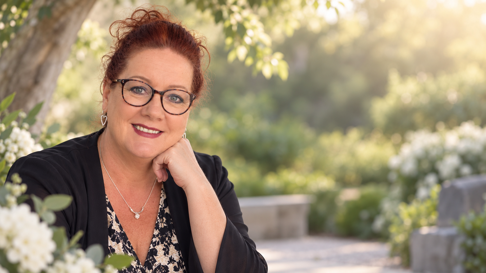 A woman with curly red hair, glasses, and jewelry, smiling and resting her chin on her hand outdoors with trees and white flowers in the background.