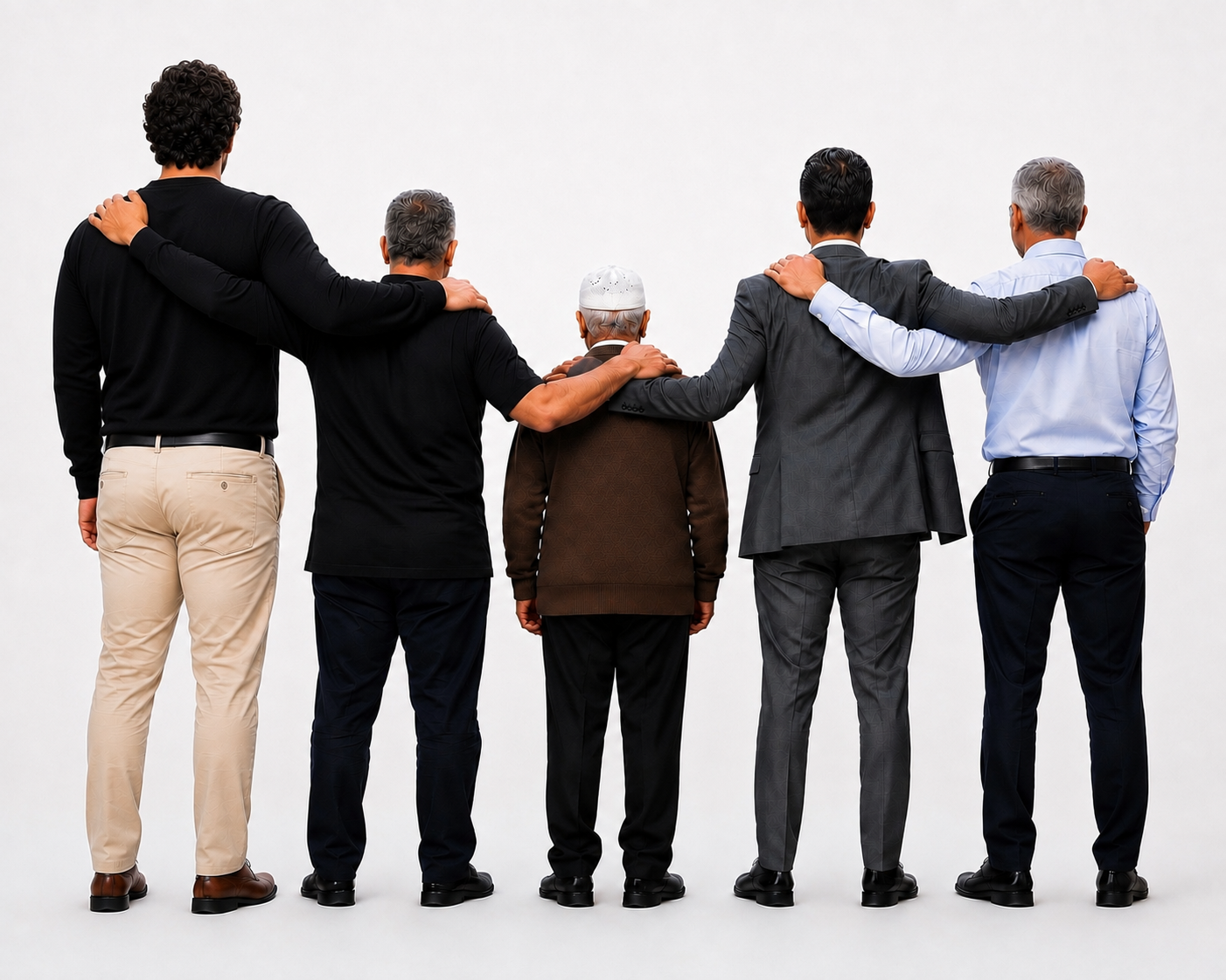 Six men standing with their backs to the camera, arms around each other's shoulders, facing a plain white background.