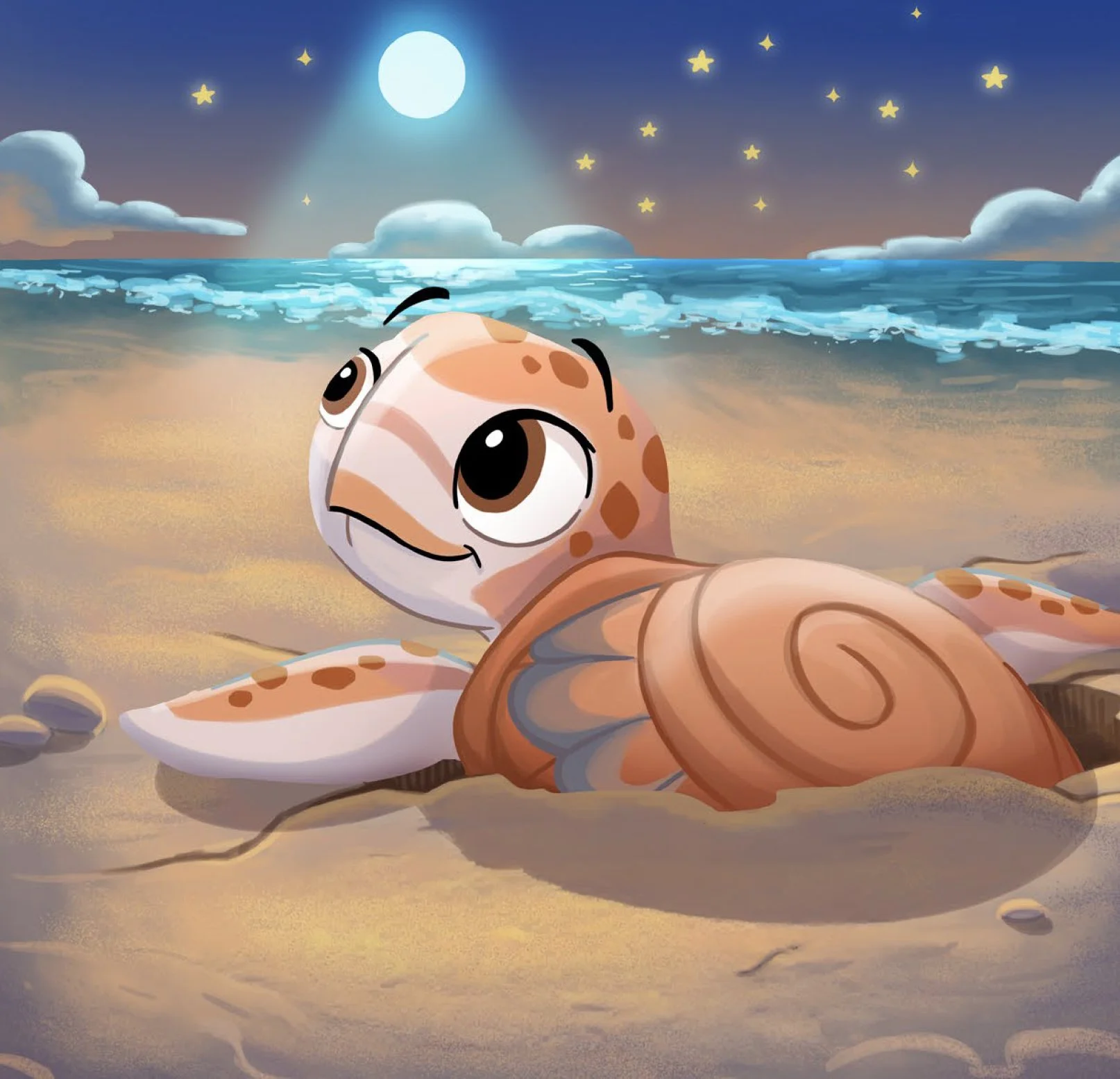 Ripple, a baby loggerhead sea turtle, resting on a sandy beach beneath a moonlit sky in an illustration from Ripple Finds the Sea.