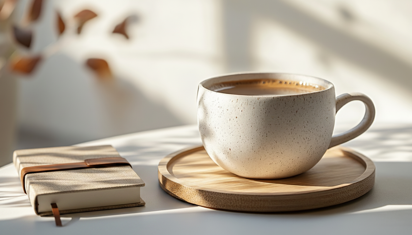 A cup of coffee on a wooden tray, placed on a white surface beside a notebook, with sunlight streaming in from the side.