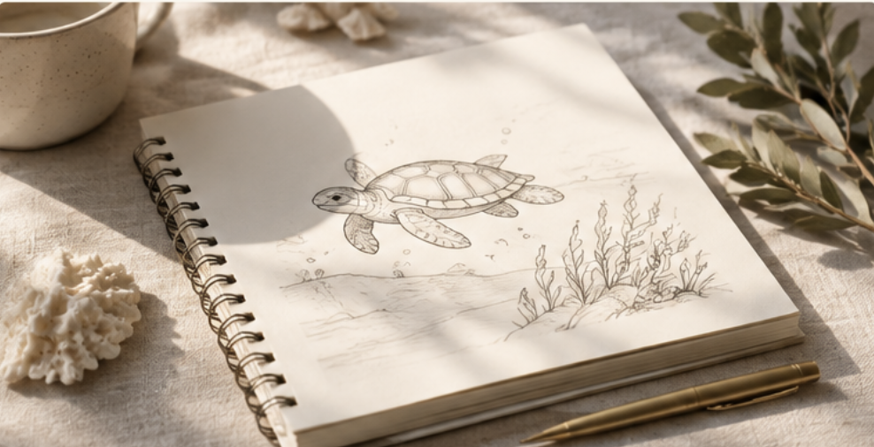 A sketch of a swimming turtle on a notebook page surrounded by a cup, coral, leaves, and a pen.