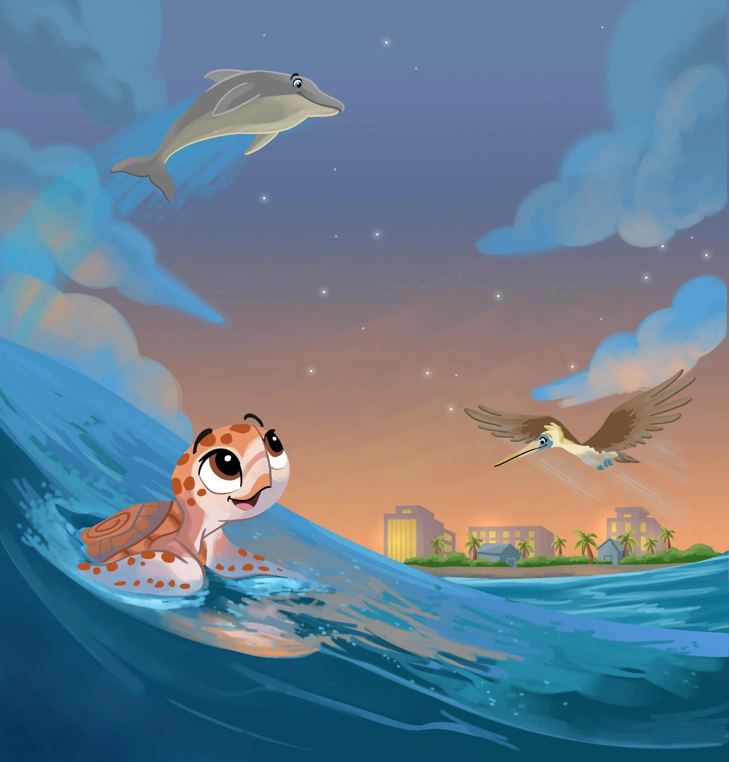 Whimsical coastal illustration featuring a leaping dolphin, a sea turtle, and a flying owl beneath a starry night sky.