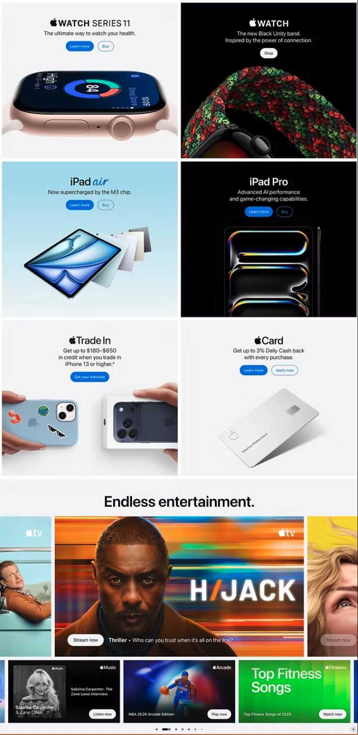 Examples of mixed product marketing and brand marketing on Apple's website.