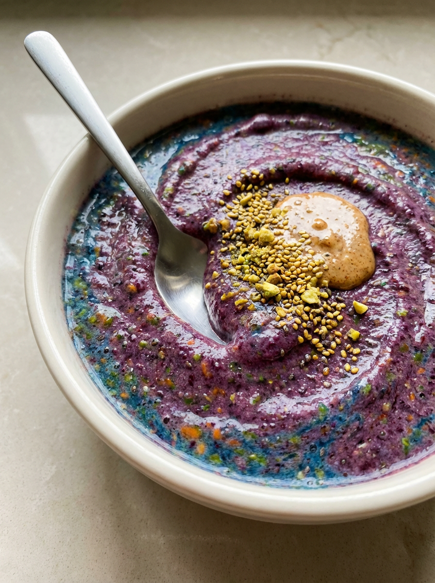 A bowl of purple blue spirulina smoothie topped with crushed pistachios and a dollop of nut butter with a spoon resting inside.