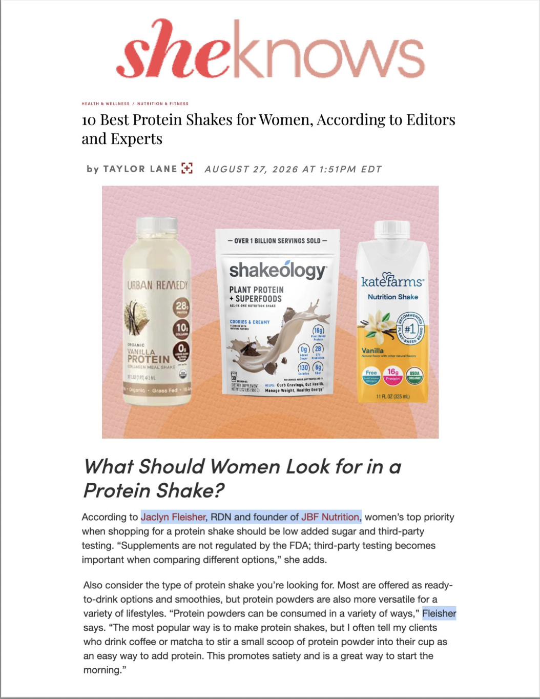 A magazine article titled '10 Best Protein Shakes for Women, According to Editors and Experts' featuring three protein shake products on a pink background: Urban Remedy Vanilla Protein, Shakeology Plant Protein + Superfoods, and Kate Farms Nutrition Shake. The article discusses what women should look for in a protein shake.