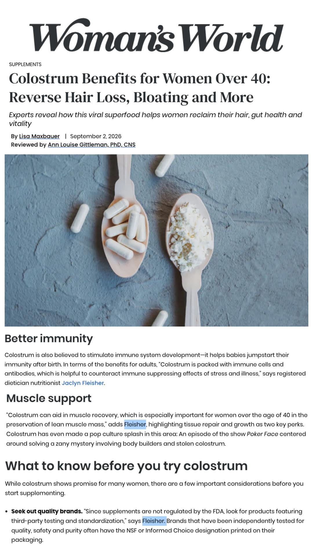 An article from Woman's World magazine about colostrum benefits, showing two spoons, one with pills and one with colostrum in powder form.