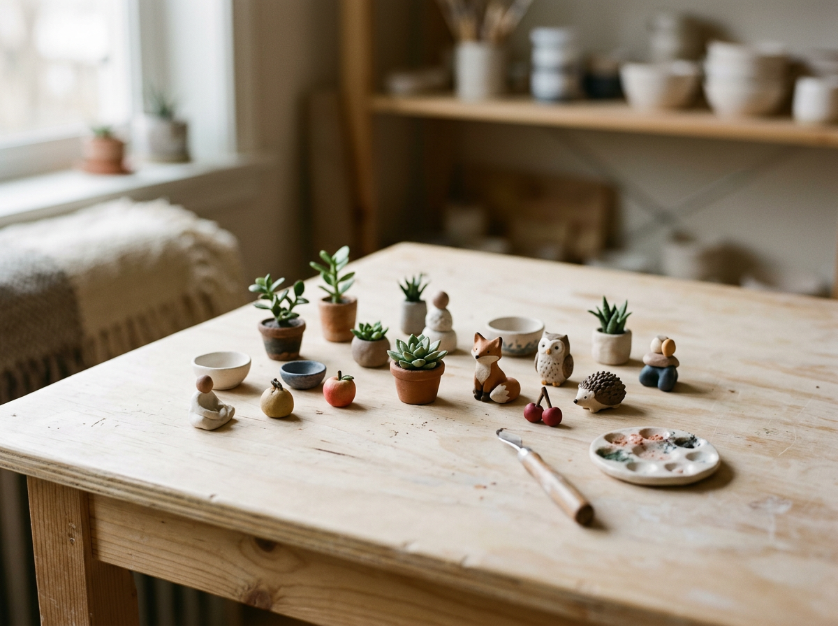 Wooden table with small potted succulent plants, ceramic animal figurines, fruit, a paint palette, and a carving tool, in a cozy, well-lit room.