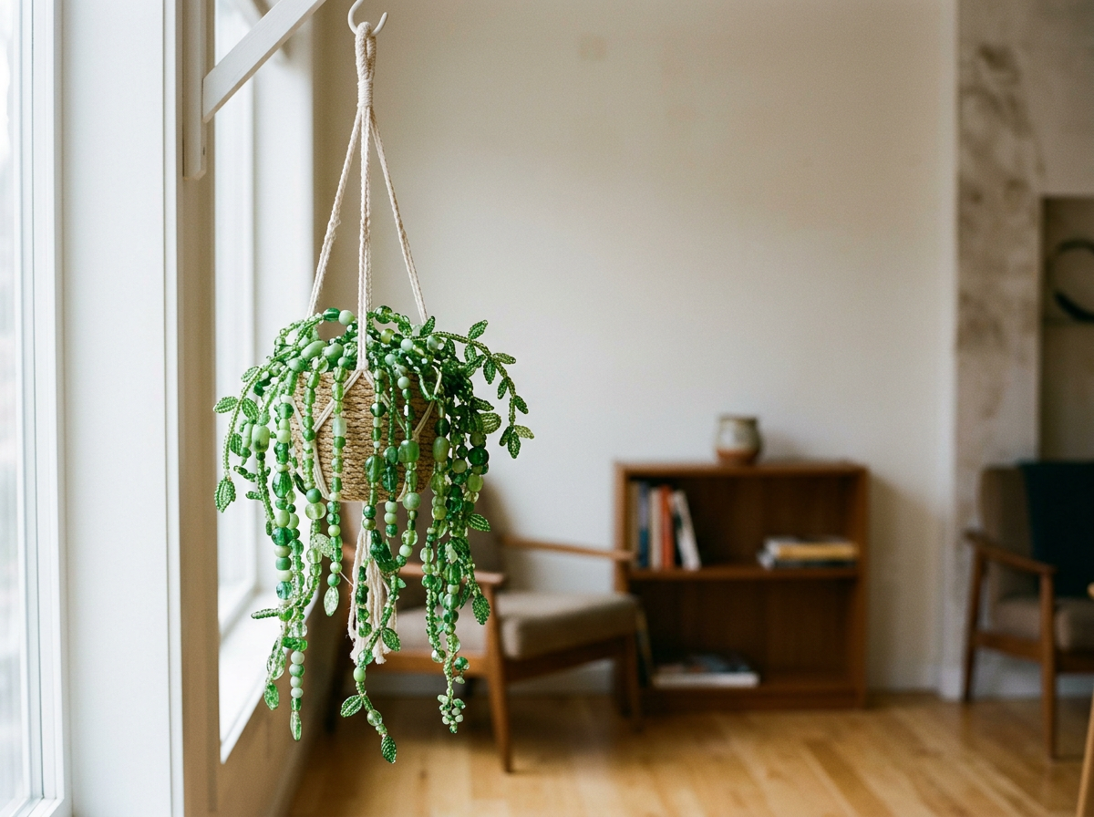 Hanging plant with green bead-like leaves and a woven basket, inside a room with wooden furniture and large windows