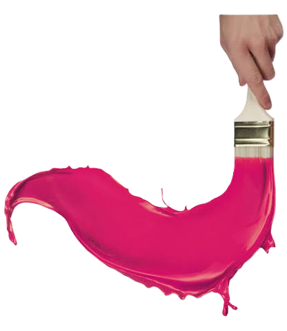 A hand holding a paintbrush with pink paint on it, creating a wide, curved splash of pink paint.