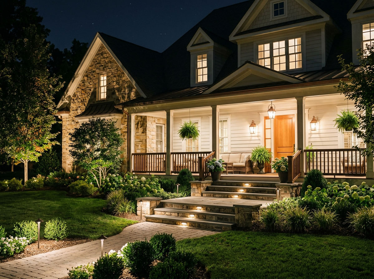 A well-lit house with a porch and landscaped yard at night. The porch has seating, potted plants, and outdoor lighting. The house features stone and siding exterior with multiple windows.