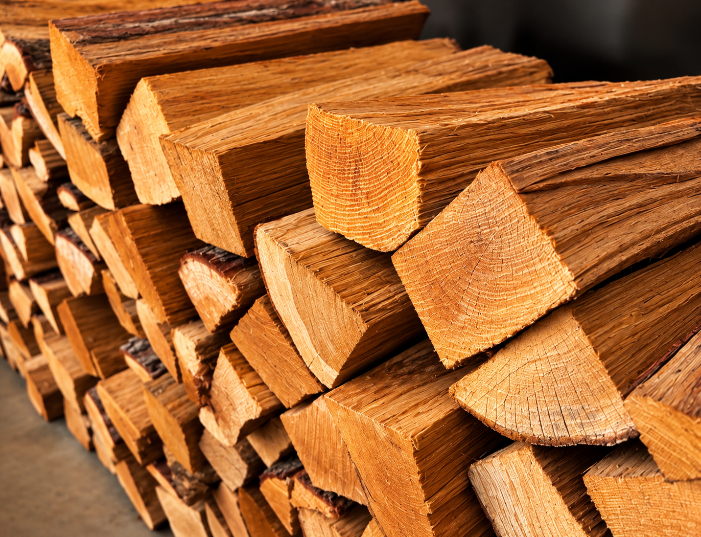 Stacked firewood logs arranged in rows.