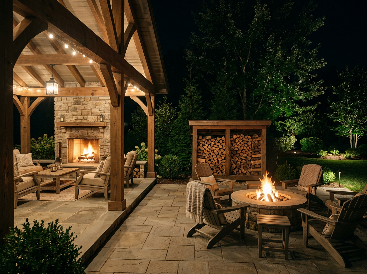 A cozy outdoor patio at night with a wood-burning fire pit, wooden chairs, a covered seating area with a fireplace, and a wood storage shed. The setting is illuminated by string lights and ambient lighting among trees and bushes.