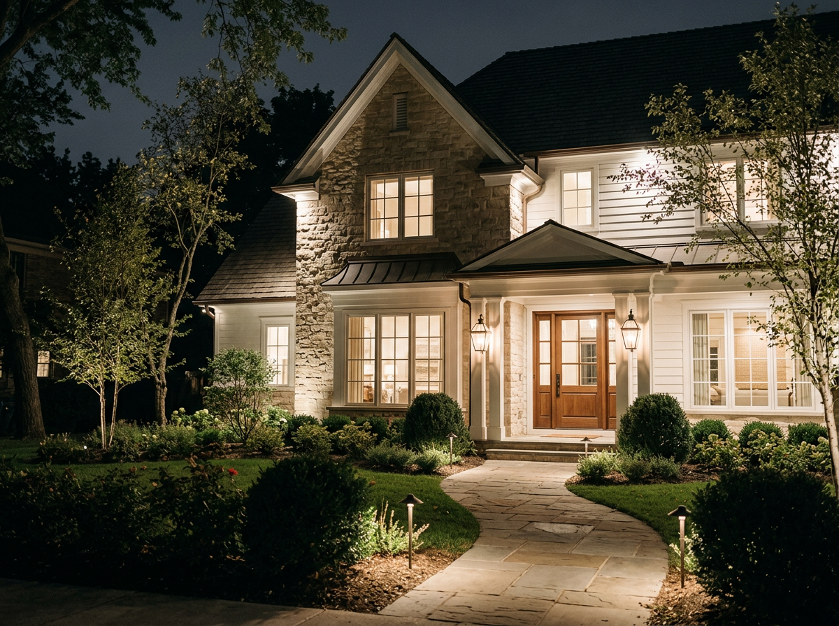 A well-lit two-story house at night with a stone and white wall exterior, a wooden front door, and windows illuminated from inside. The house is surrounded by landscaped bushes, trees, and a stone pathway leading to the front door.