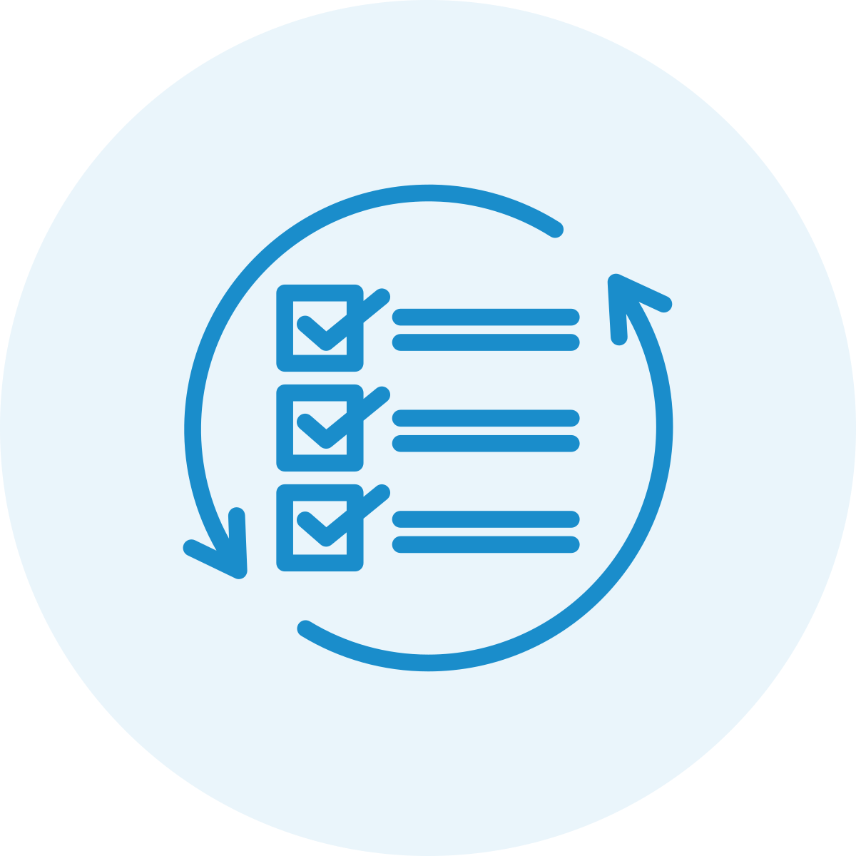 Icon of a checklist with three checked boxes and arrows circling around, representing a review or process cycle.