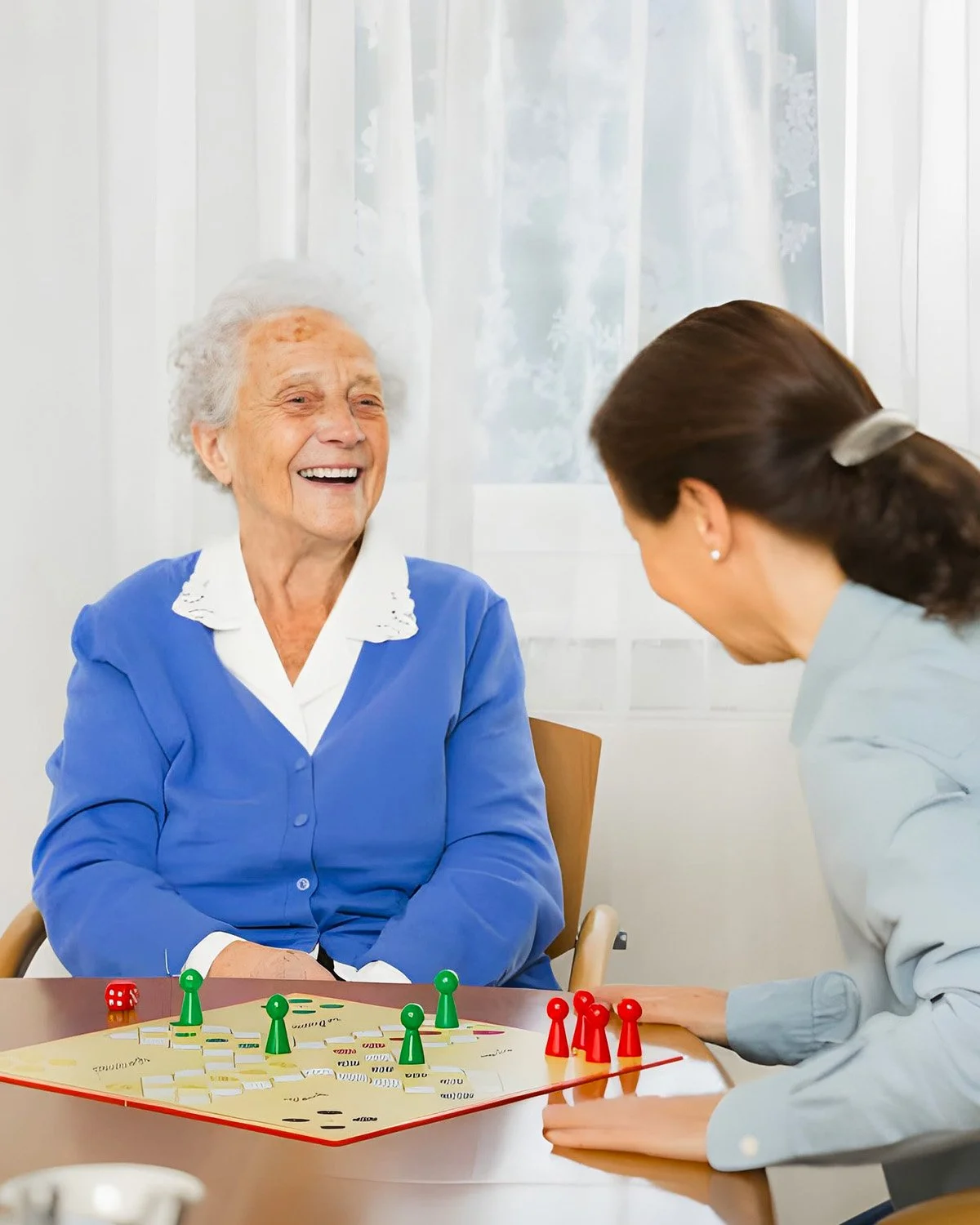 An elderly woman and a middle-aged woman smiling and playing the game of Sorry! at a table with the game board and game pieces.