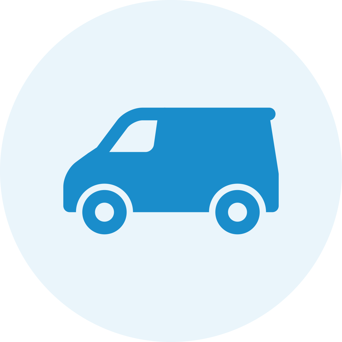 Icon of a small delivery van or cargo vehicle in blue on a light blue circular background.