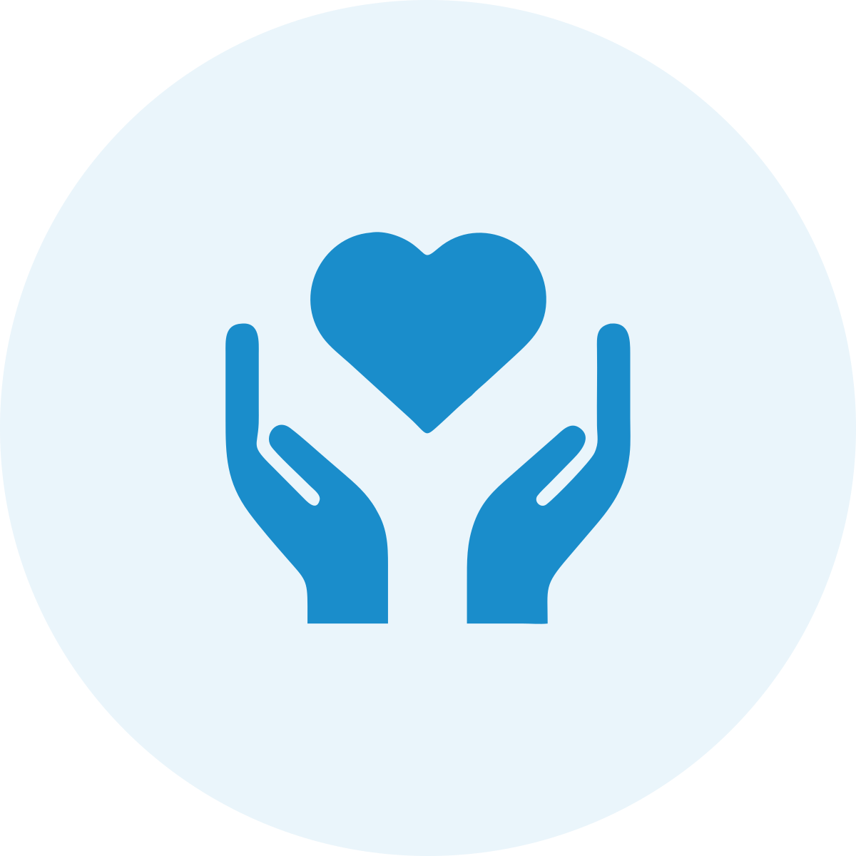 Two blue hands cupping a blue heart inside a light blue circular background.