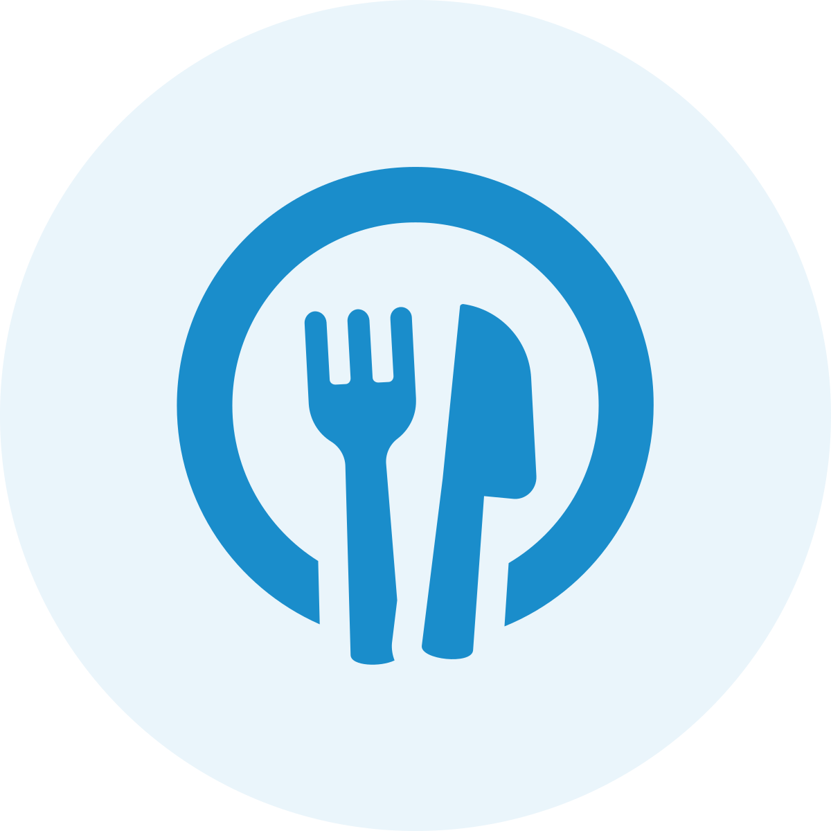 Icon featuring a fork and knife inside a circle, indicating dining or food services.