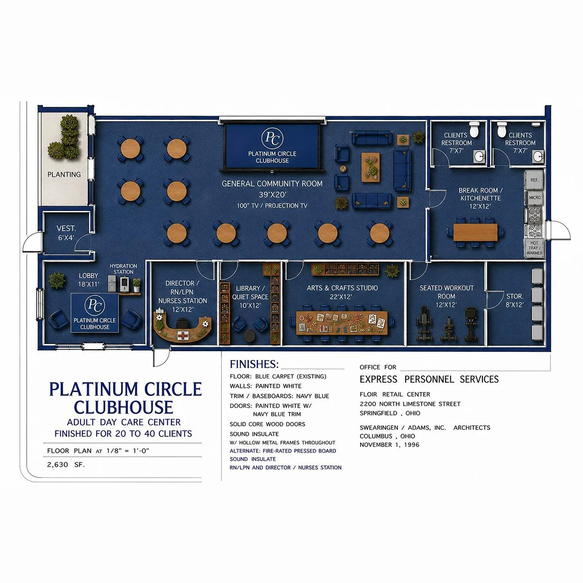 Floor plan of the Platinum Circle Clubhouse, an adult day care center, showing a main community room with tables and chairs, a kitchenette, restrooms, a workout room, a library, arts and crafts studio, and a director's office, with labels and dimensions for each area.