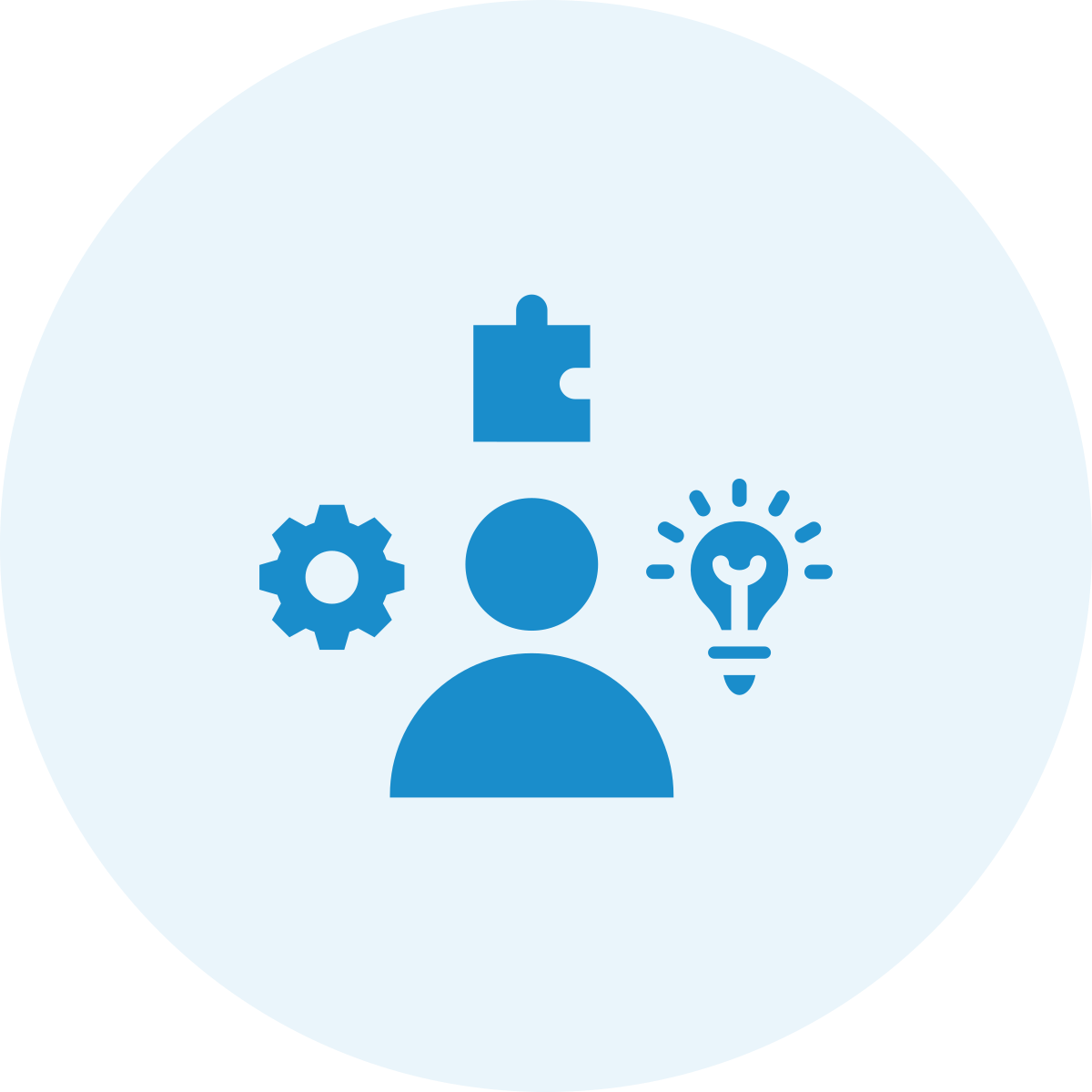 Icon of a person with three surrounding icons: gear, puzzle piece, and light bulb.