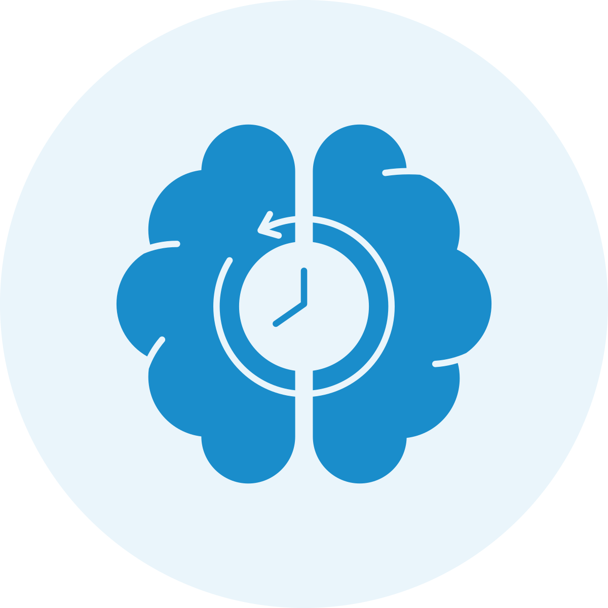 A graphic of a brain with a clock in the center, divided in half by a vertical line, indicating time management or mental focus.