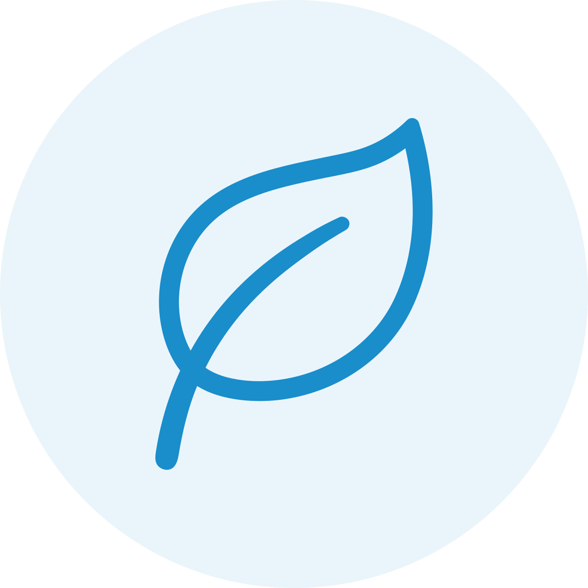 Simple blue outline of a leaf on a light circular background.