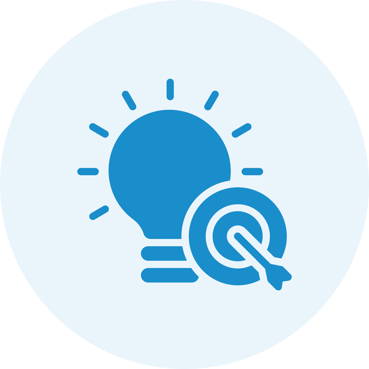 Blue lightbulb with rays of light around it and a target symbol with an arrow pointing at the center, representing idea and goal focus.