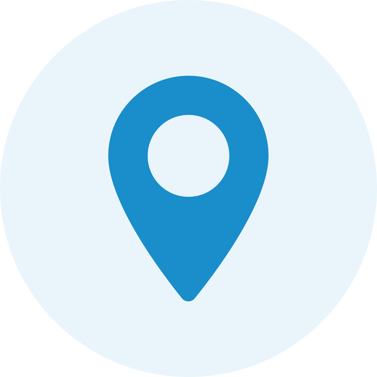 A blue location pin icon on a white circular background.