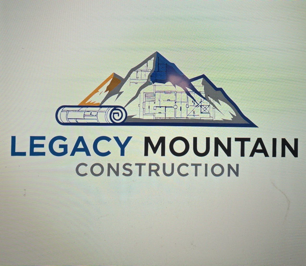 Logo for Legacy Mountain Construction featuring a mountain, a blueprint, and a rolled-up blueprint or plan with the company name.