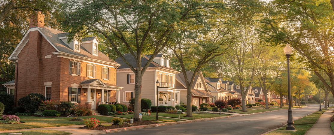 A suburban neighborhood street lined with trees and houses, during sunset.