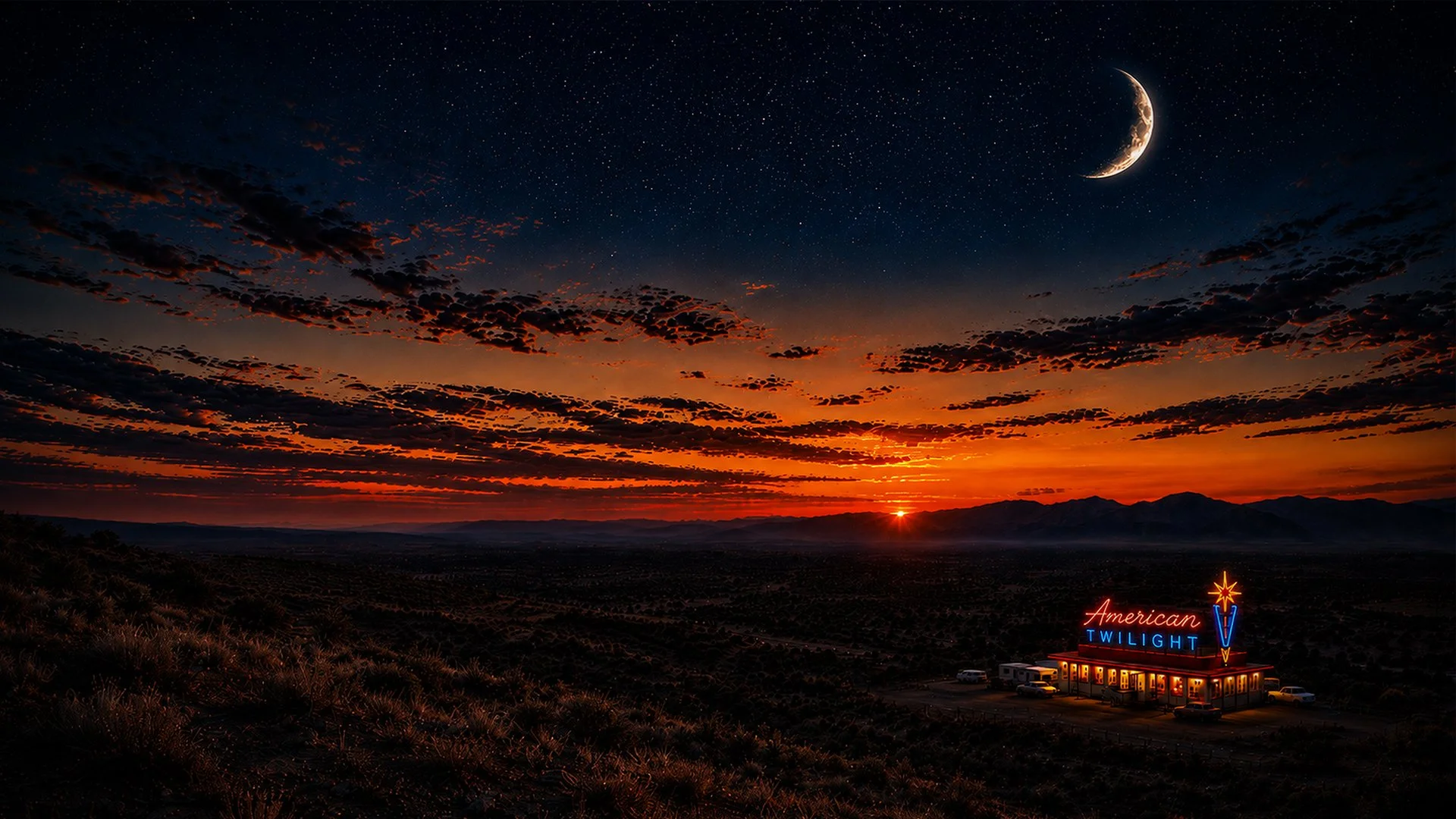 Sunset over desert landscape with clouds and a crescent moon in the night sky. Neon sign reads 'American Twilight' in front of a building with cars parked nearby.