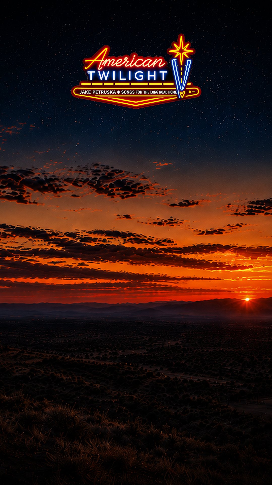 Sunset over a landscape with hills, clouds, and a starry sky.