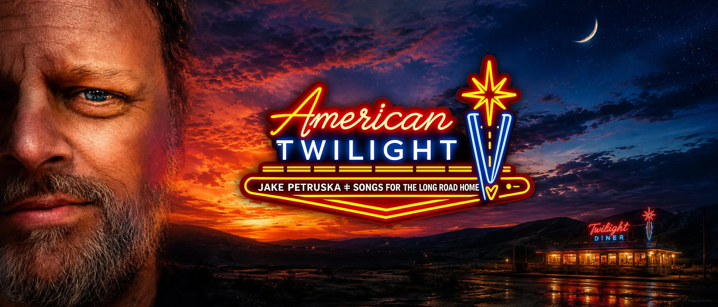 Nighttime scene featuring a neon sign for 'American Twilight' with a portrait of a man with a beard and blue eyes on the left. The background shows a colorful sunset sky with clouds and a crescent moon. A neon diner sign and a building are visible in the lower right.